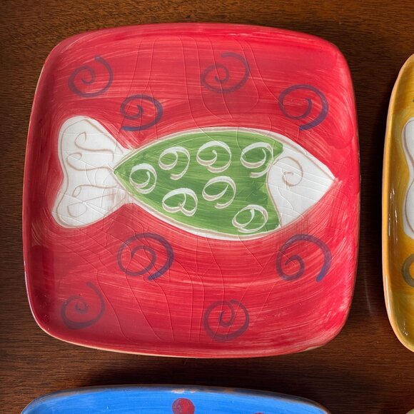 NWT Set of 4 Hand Painted Ceramic Square Appetizer Plates Fish Il Mare Italy - Picture 3 of 6